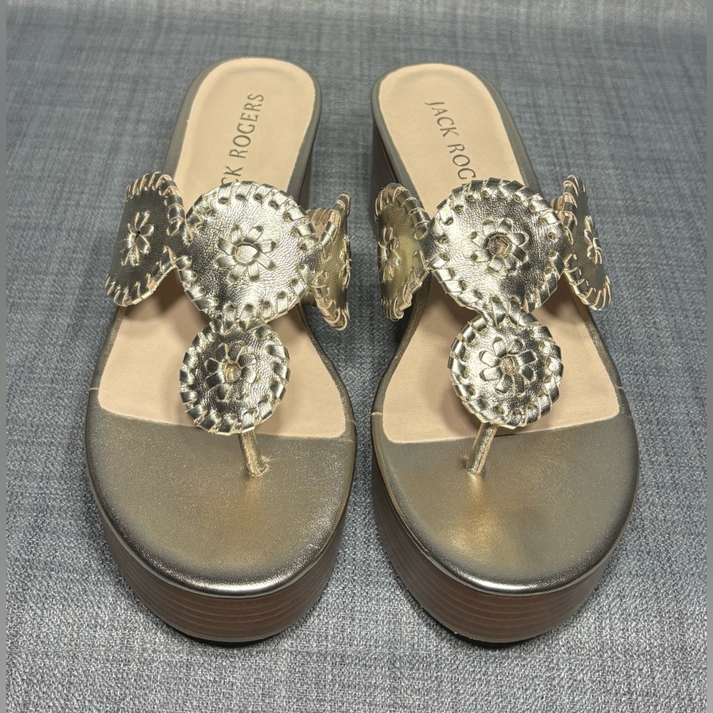 Jack Rogers Kimberly Mid Wedge Thong Sandals Platinum Leather - Picture 3 of 7